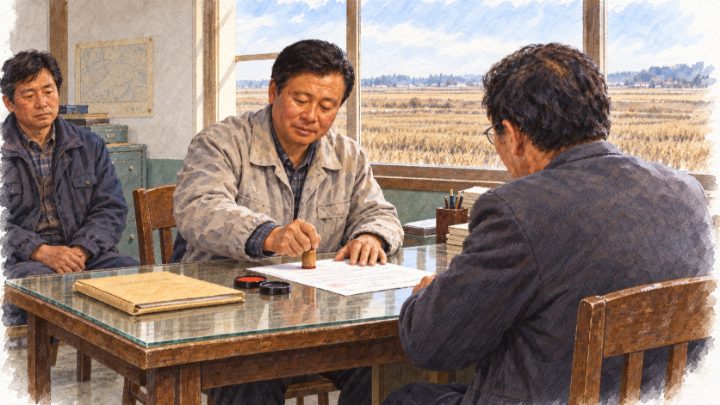 논을 팔아 농민들의 볏값을 마련하려고 매매 서류에 도장을 찍는 배병희