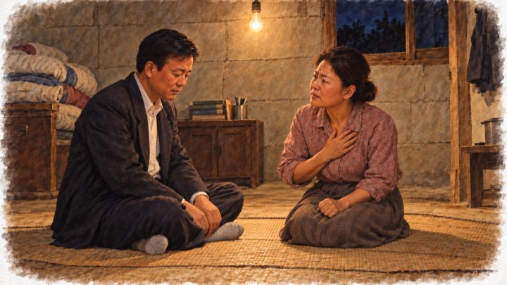 밤 안방에서 정미소 인수와 아들의 앞날을 걱정하며 반대하는 아내와 배병희