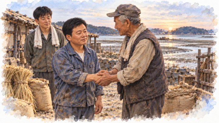 수리를 마친 새벽 농민이 배병희의 손을 맞잡는 순간