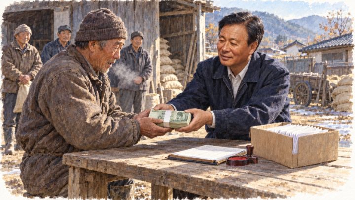 수매 보관증을 확인한 뒤 농민에게 볏값 현금을 건네는 배병희