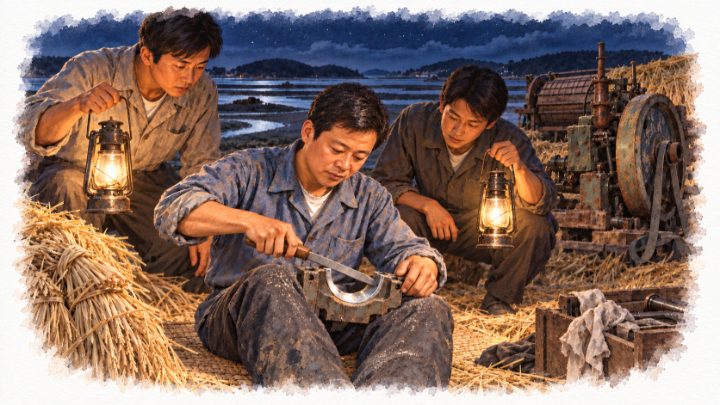 두 조카의 남포등 아래 무릎 사이에 고정한 베어링을 평줄로 다듬는 배병희