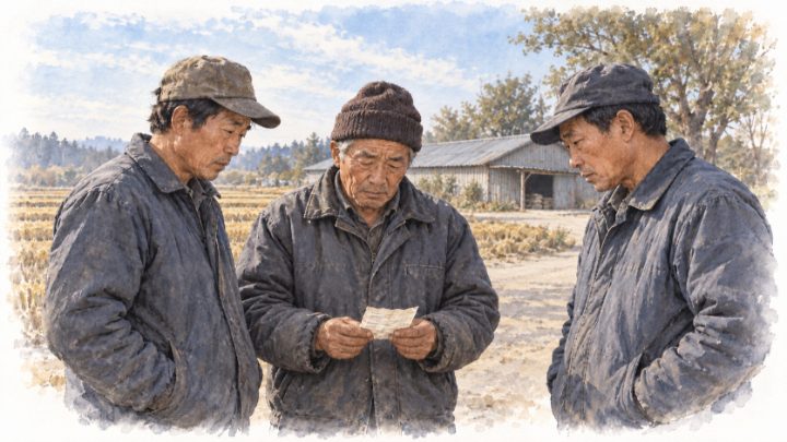 수매 보관증을 쥔 채 기다리는 농민들