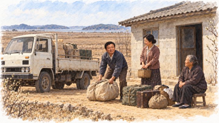 독정리 블록집 앞에서 이삿짐을 내려놓는 배병희 일가