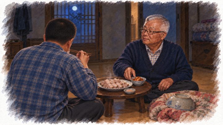 늦은 밤 온돌방 소반에서 수육을 먹는 자식의 뒷모습과 이를 지켜보는 아버지