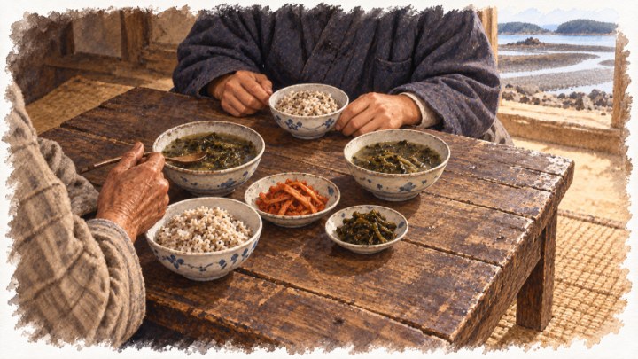 보리밥과 시래기죽이 놓인 소박한 밥상과 부자의 손