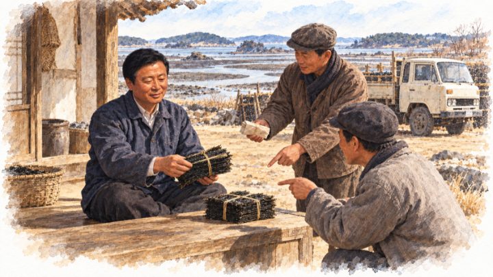 툇마루에 모인 상인들의 김 주문을 차분히 받는 배병희