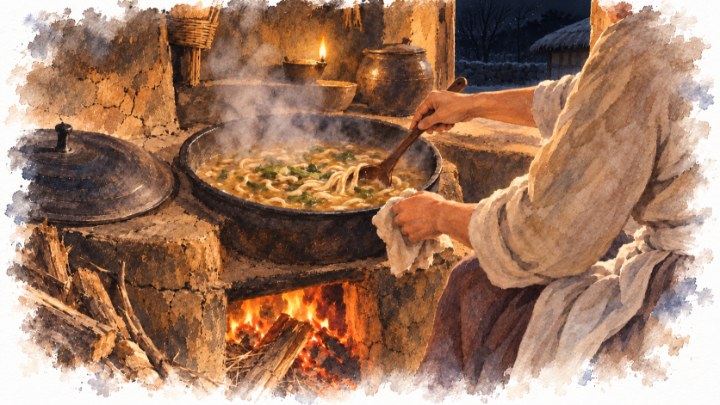 겨울 깊은 밤 아궁이에서 미꾸라지 손칼국수를 끓이는 아내