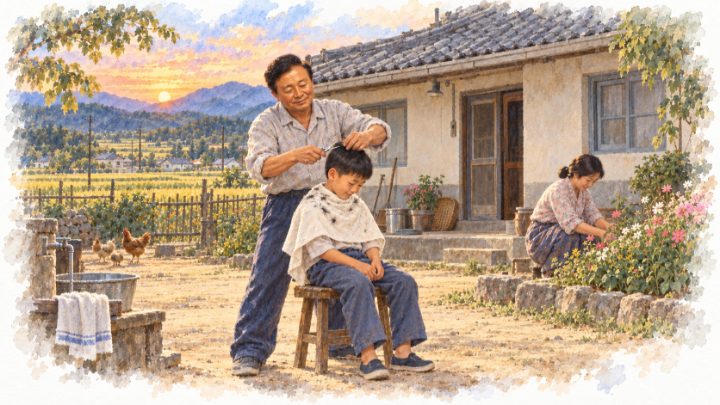 수채화로 그린 독정리 시멘트 기와집 마당에서 아들의 머리를 가위로 깎는 배병희와 꽃밭을 돌보는 아내