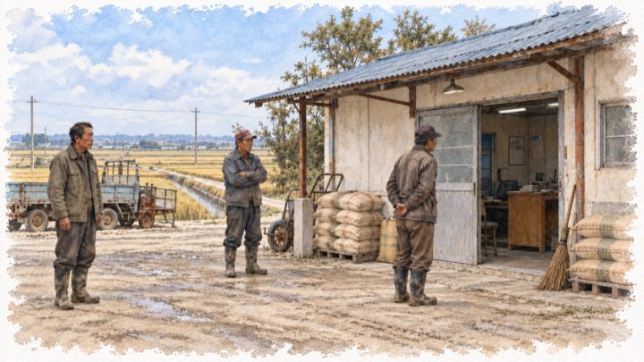 수채화로 그린 정미소 마당에서 볏값을 기다리는 농민들