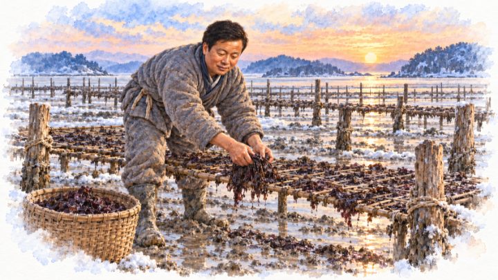 수채화로 그린 겨울 새벽 갯벌의 대나무 김발에서 얇은 생김을 뜯어 채취하는 배병희