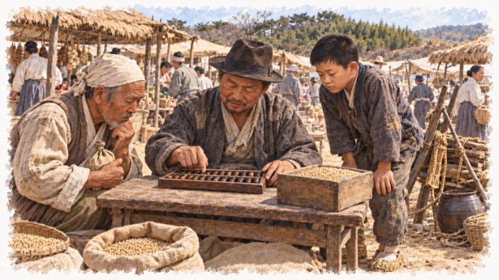 장터에서 상인의 주판셈을 곁에서 지켜보며 셈법을 익히는 소년 배병희