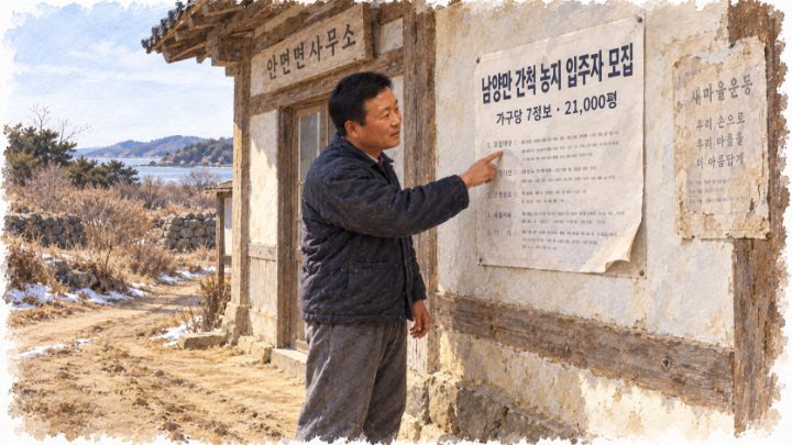 면사무소 게시판에서 남양만 간척 농지 입주자 모집 공고를 읽는 배병희