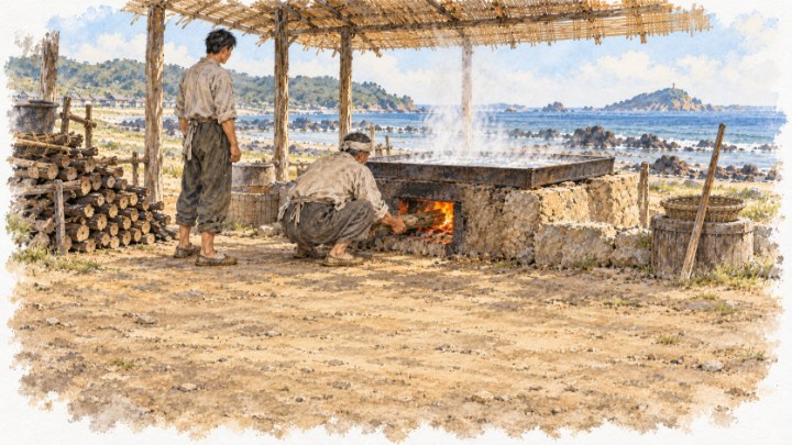 수채화로 그린 자염 철판 아래 아궁이에 장작을 넣는 아버지와 아들