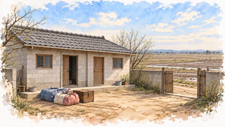 1977년 이른 봄 독정리의 작은 시멘트 블록 분양주택과 이삿짐