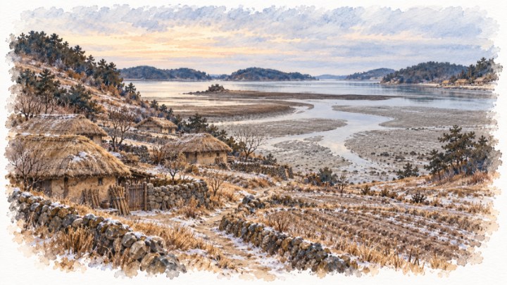 겨울 갯바람이 부는 1936년 중장리의 비탈밭과 초가마을