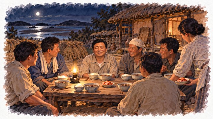 밤에 소고깃국과 고봉밥을 나누는 탈곡단