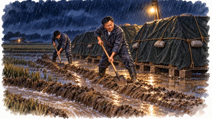 쏟아지는 빗속에서 볏가마 야적장 밖으로 삽으로 물길을 파는 배병희