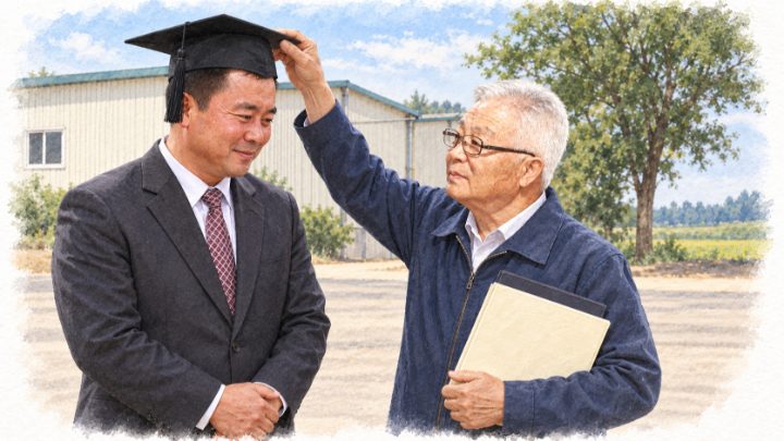 단정한 양복 차림의 맏아들에게 직접 학사모를 씌워 주는 배병희